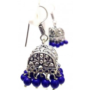 Silver Oxidized Earring - Hook Dangle Drop Tribal - Magic Box with Blue Beads 4